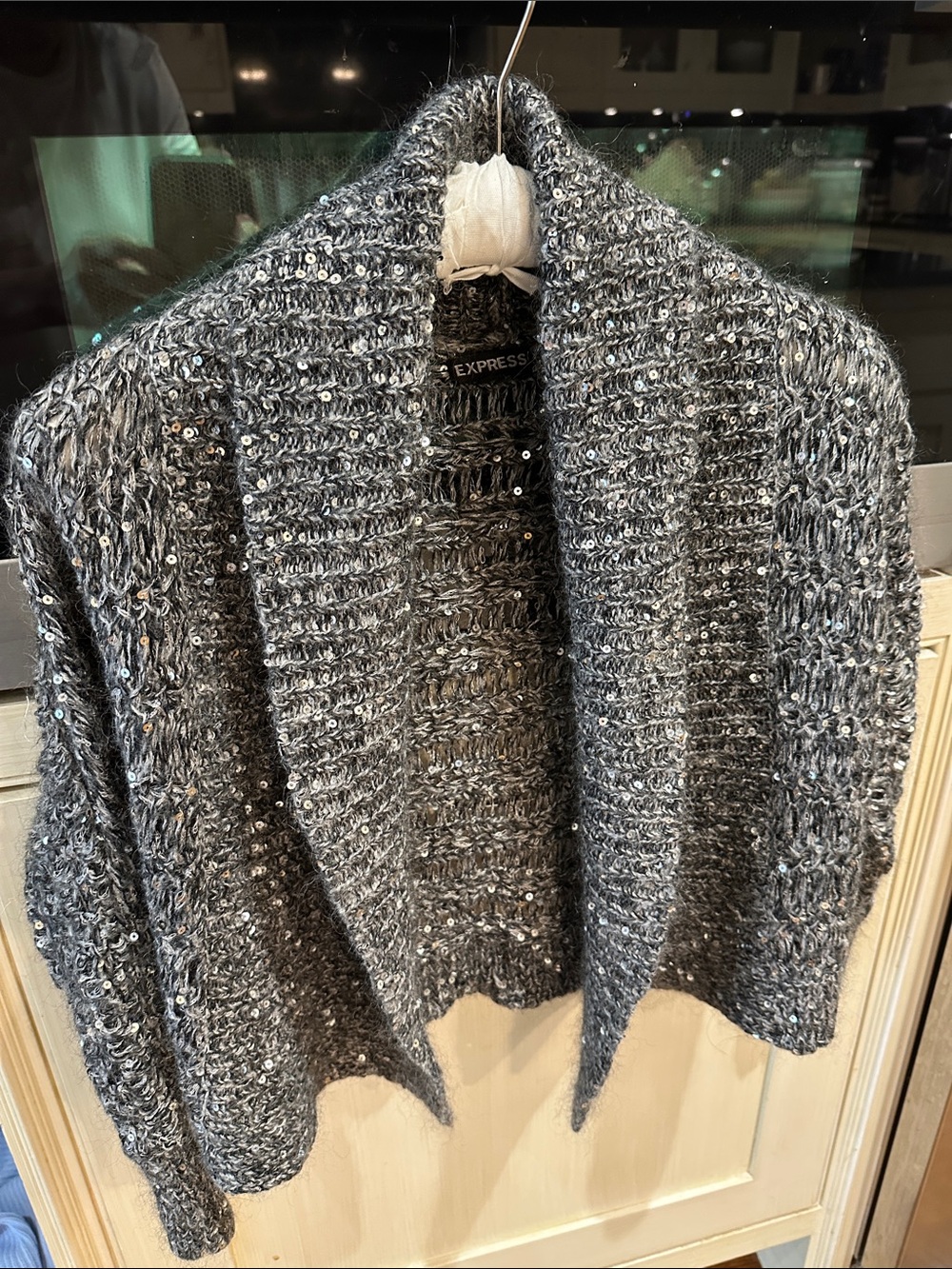 Express Gray Sequin Knit Open Cardigan